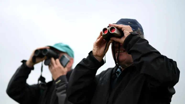 Men looking through binoculars